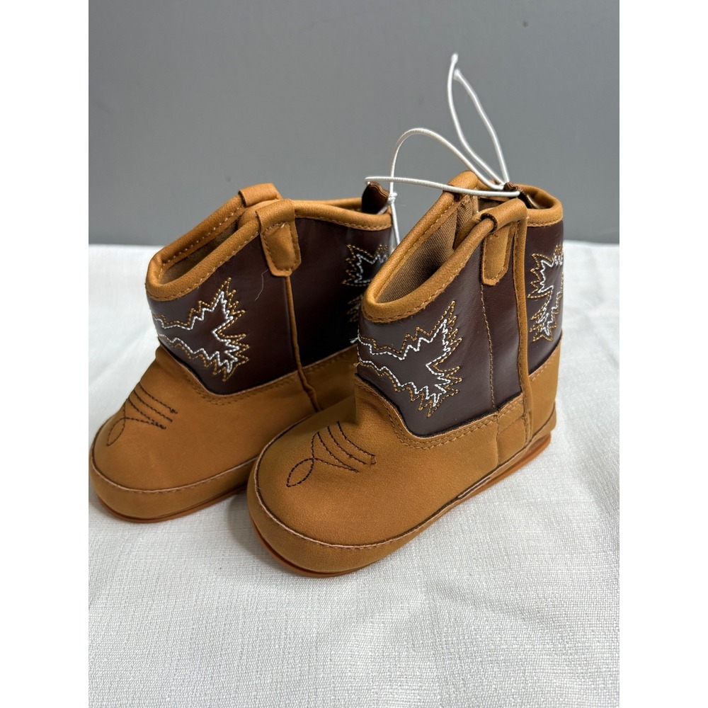 Infant Western Cowboy Boots Brown Tan Contrast Stitch Size 4 Soft Sole Zip Up